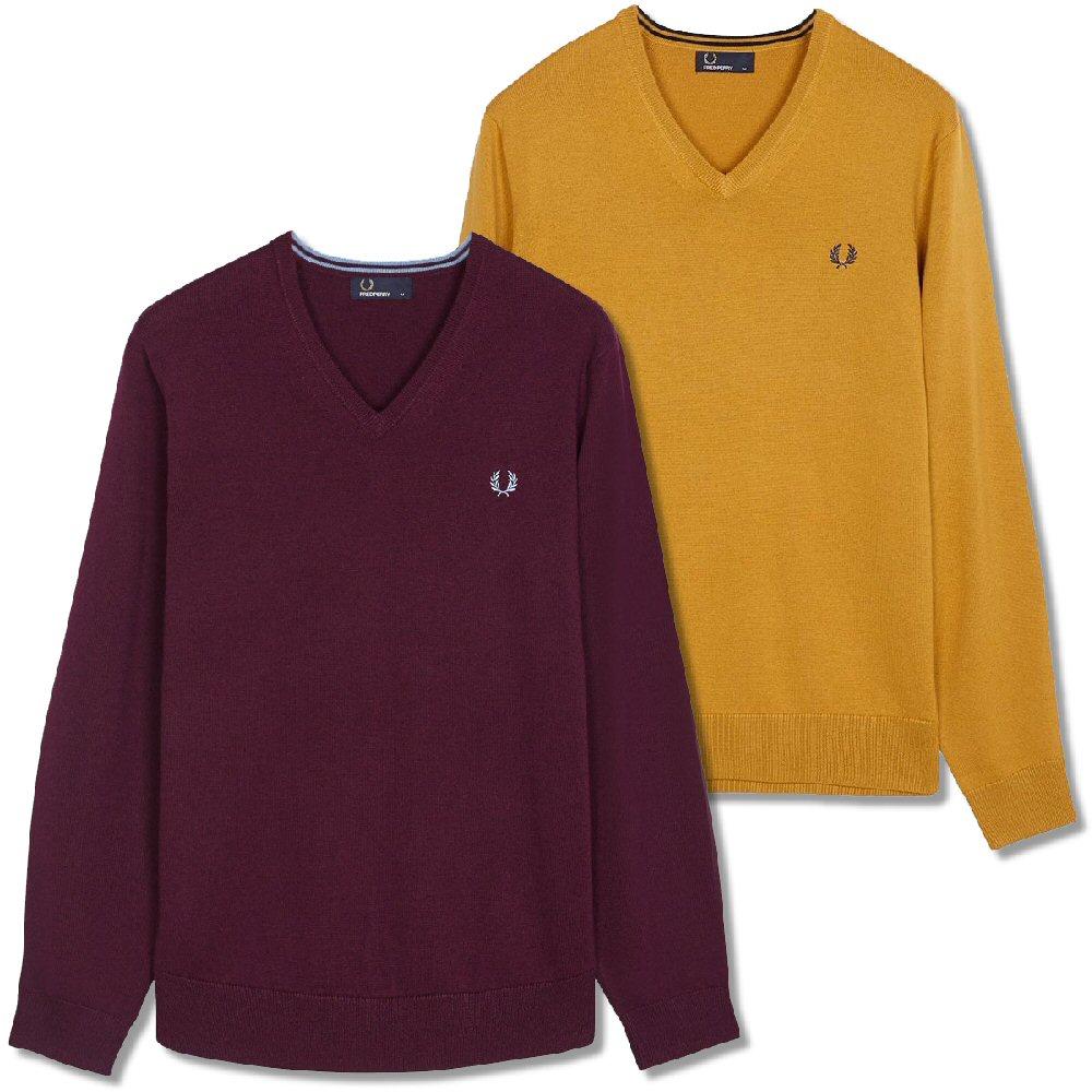 Fred Perry Mod 60's Laurel Wreath Fine Gauge Knit V Neck Jumpers 